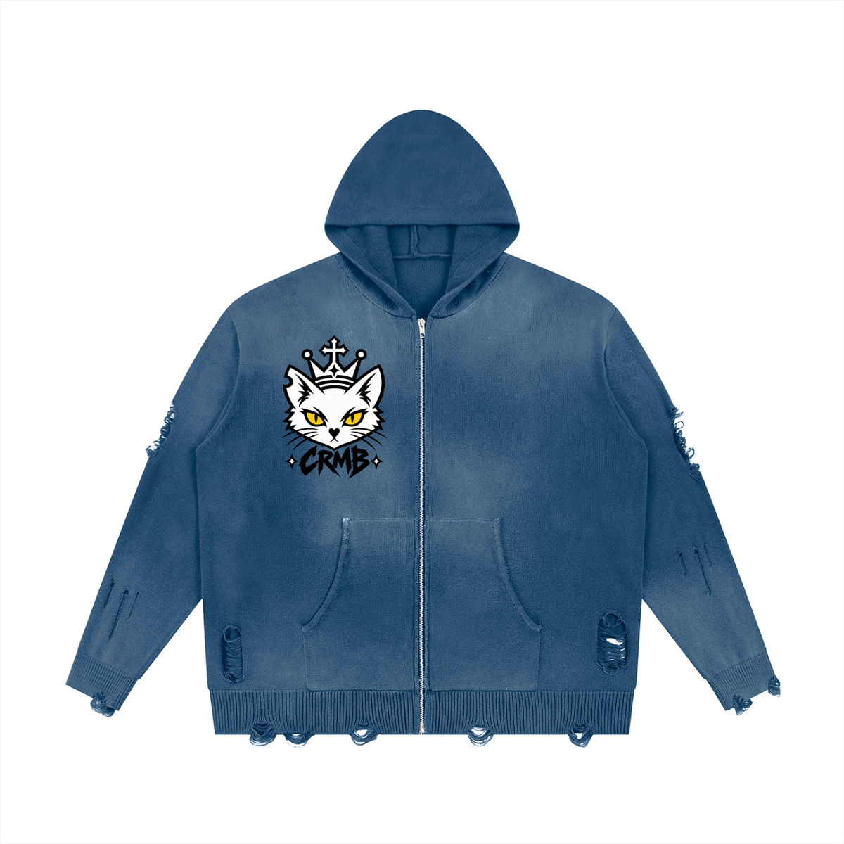 Unisex Distressed Full-Zip Knit Hoodie — Vintage Wash