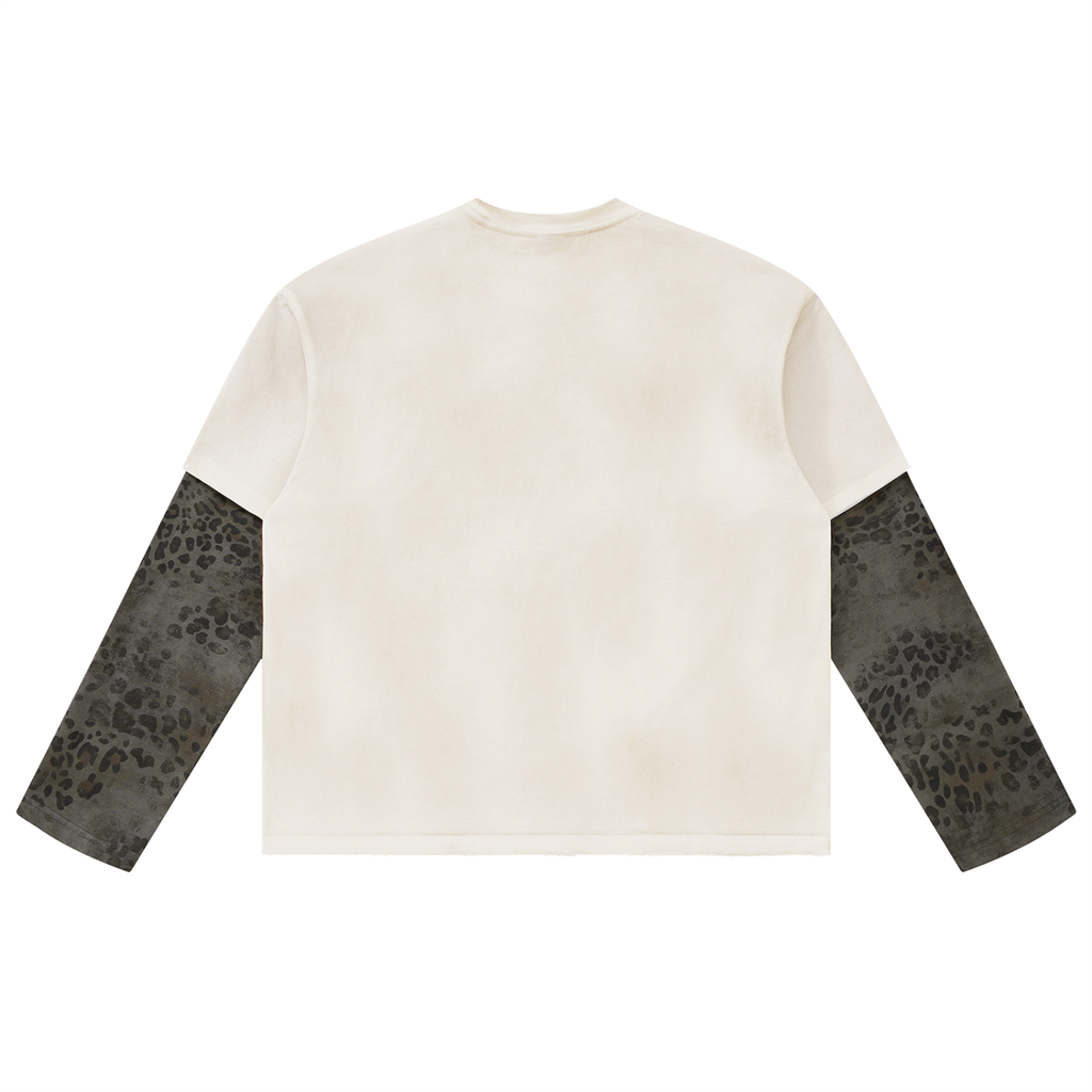 Unisex Vintage-Wash Leopard-Panel Long-Sleeve T-Shirt