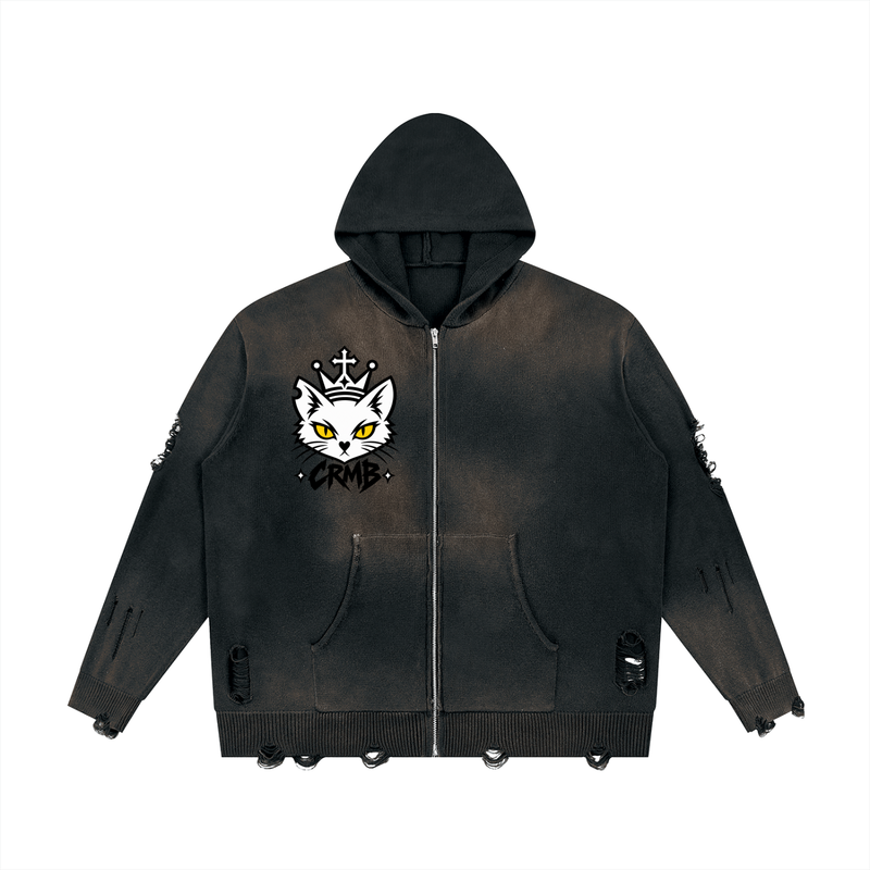 Unisex Distressed Full-Zip Knit Hoodie — Vintage Wash