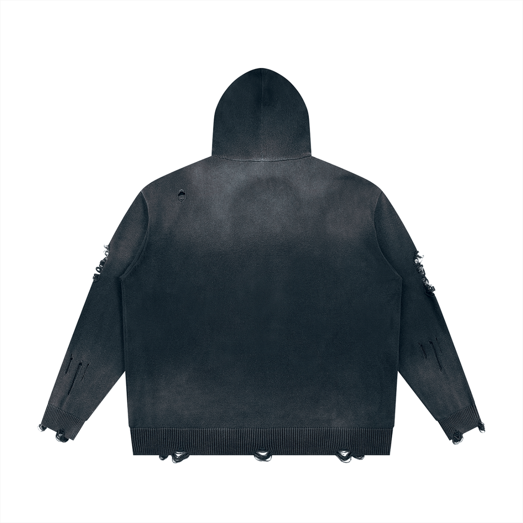 Unisex Distressed Full-Zip Knit Hoodie — Vintage Wash