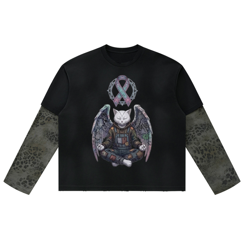 Unisex Vintage-Wash Leopard-Panel Long-Sleeve T-Shirt