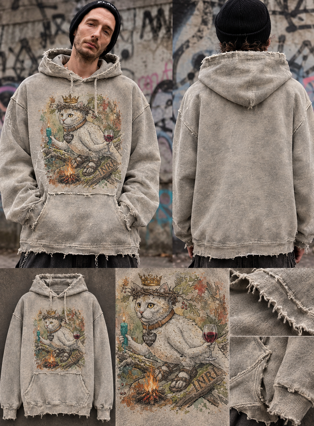CRMBZVOID oversized sun-faded hand-frayed hoodie with crowned CRMB cat inkprint